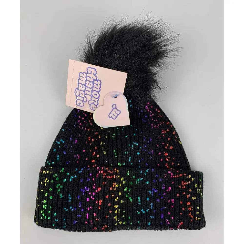 More Than Magic Beanie With Pom Pom Pink And Black. Girls One Size